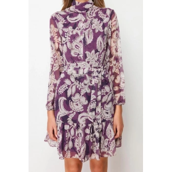 Yeni Regular Gündüz Gece Şifon Dokuma Dik Yaka Uzun Kol Skater Mini Boy Elbise