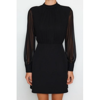 Yeni Fit Gündüz Gece Finike Dokuma Dik Yaka Uzun Kol Bodycone Mini Boy Elbise