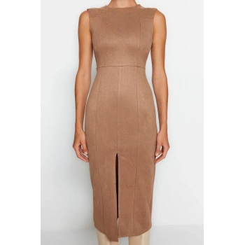 Yeni Fit Gündüz Gece Süet Dokuma Bisiklet Yaka Kolsuz Kol Bodycone Midi Boy Elbise