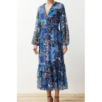 Yeni Regular Gündüz Gece Şifon Dokuma V Yaka Uzun Kol A-Line Midi Boy Elbise