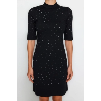 Yeni Slim Business İnterlok Örme Bisiklet Yaka Kısa Kol Bodycone Mini Boy Elbise