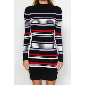 Yeni Regular Casual Günlük Çift Plaka Triko Dik Yaka Uzun Kol Shift Mini Boy Elbise