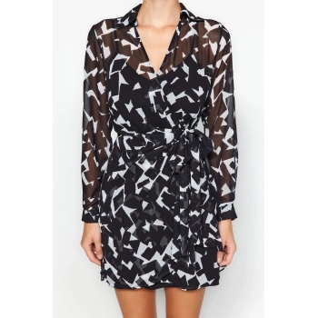 Yeni Regular Gündüz Gece Şifon Dokuma Gömlek Yaka Uzun Kol Kruvaze Mini Boy Elbise