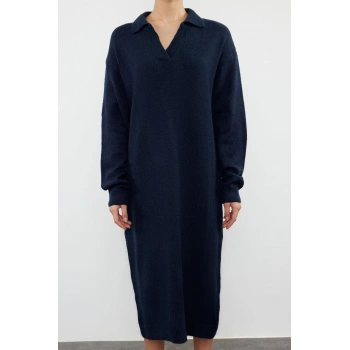 Yeni Regular Casual Günlük Tek Plaka Triko Polo Yaka Uzun Kol Shift Midi Boy Elbise