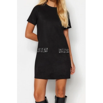 Yeni Regular Business Süet Örme Bisiklet Yaka Kısa Kol A-Line Mini Boy Elbise