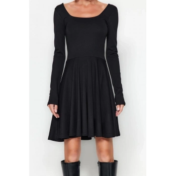 Yeni Slim Gündüz Gece İnterlok Örme Kare Yaka Uzun Kol Skater Mini Boy Elbise