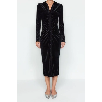 Yeni Slim Casual Günlük Kadife Örme Polo Yaka Uzun Kol Bodycone Midi Boy Elbise