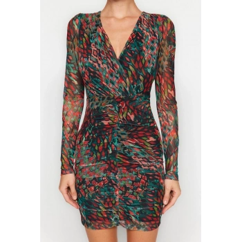 Yeni Slim Casual Günlük Tül Örme Kruvaze Uzun Kol Bodycone Midi Boy Elbise