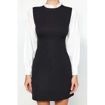 Yeni Regular Business Finike Dokuma Dik Yaka Uzun Kol A-Line Mini Boy Elbise