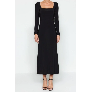 Yeni Slim Gündüz Gece Sandy Örme Kare Yaka Uzun Kol A-Line Maxi Boy Elbise