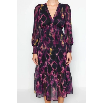 Yeni Regular Gündüz Gece Şifon Dokuma V Yaka Uzun Kol A-Line Midi Boy Elbise