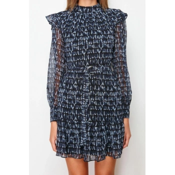 Yeni Regular Gündüz Gece Şifon Dokuma Dik Yaka Uzun Kol A-Line Mini Boy Elbise