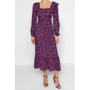 Yeni Regular Casual Günlük Shally Dokuma Kare Yaka Uzun Kol A-Line Midi Boy Elbise