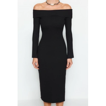 Yeni Slim Gündüz Gece Kaşkorse Örme Carmen Yaka Uzun Kol Bodycone Maxi Boy Elbise