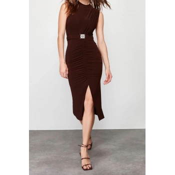 Yeni Slim Gündüz Gece Sandy Örme Dik Yaka Kolsuz Kol Bodycone Midi Boy Elbise