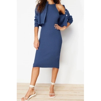 Yeni Regular Casual Günlük Fitilli Triko Bisiklet Yaka Uzun Kol Bodycone Midi Boy Elbise