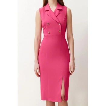 Yeni Regular Gündüz Gece Finike Dokuma Ceket Yaka Kolsuz Kol Bodycone Midi Boy Elbise