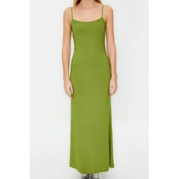 Yeni Slim Gündüz Gece Kalın Sandy Örme Kare Yaka Askılı Kol Bodycone Maxi Boy Elbise