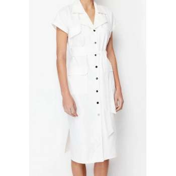 Yeni Regular Casual Günlük Gabardin Dokuma Gömlek Yaka Kısa Kol Gömlek Elbise Midi Boy Elbise