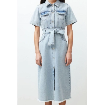 Yeni Fit Casual Günlük Rigid Denim Gömlek Yaka Kısa Kol Basic Maxi Boy Elbise