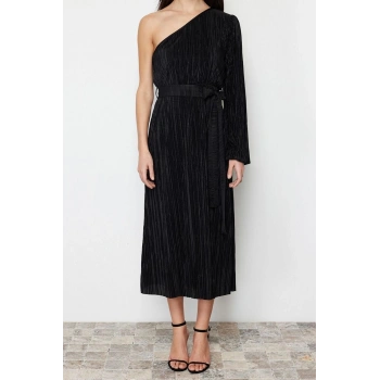 Yeni Regular Gündüz Gece Pilise Örme Asimetrik Yaka Uzun Kol A-Line Midi Boy Elbise