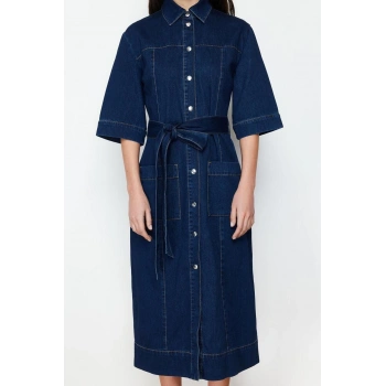Yeni Regular Casual Günlük Rigid Denim Gömlek Yaka Uzun Kol Basic Maxi Boy Elbise