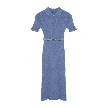 Yeni Regular Şık Abiye Gece Fitilli Triko Polo Yaka Kısa Kol Shift Midi Boy Elbise