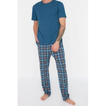 Erkek Pamuk Polyester Bisiklet Yaka Kısa Kol Ekose Örme Pijama Takımı