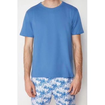 Erkek %100 Pamuk Bisiklet Yaka Kısa Kol Regular Fit Palmiye Baskılı Şortlu Pijama Takımı