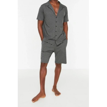 Erkek Pamuk Polyester Gömlek Yaka Kısa Kol Relaxed Fit Gömlek Yaka Örme Yazlık Şortlu Pijama Takımı