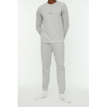 Erkek Polyester Bisiklet Yaka Uzun Kol Regular Fit Baskılı Örme Pijama Takımı