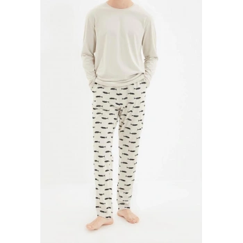 Erkek Pamuklu Bisiklet Yaka Uzun Kol Regular Fit Baskılı Örme Pijama Takımı