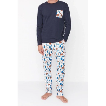 Erkek %100 Pamuk Bisiklet Yaka Uzun Kol Regular Fit Baskılı Pijama Takımı