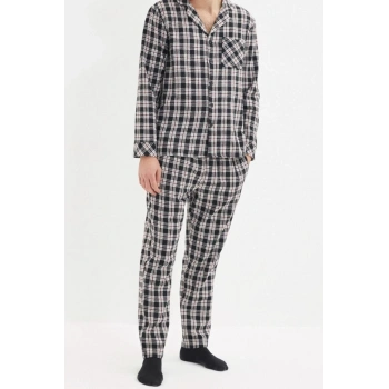 Erkek Pamuk Polyester Gömlek Yaka Uzun Kol Regular Fit Ekose Dokuma Pijama Takımı