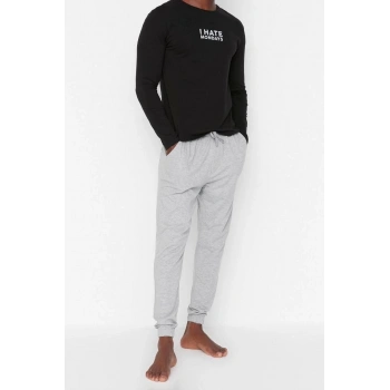 Erkek %100 Pamuk Bisiklet Yaka Uzun Kol Slogan Baskılı Regular Fit Örme Pijama Takımı