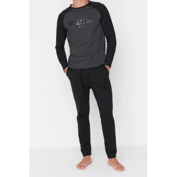 Erkek Pamuk Polyester Bisiklet Yaka Uzun Kol Siyah Baskılı Reglan Kol Örme Pijama Takımı