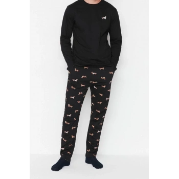 Erkek Pamuklu Bisiklet Yaka Uzun Kol Regular Fit Hayvan Desenli Örme Pijama Takımı