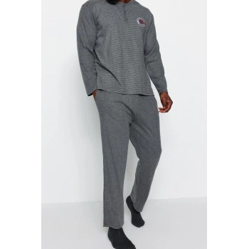 Büyük Beden Erkek Polyester Bisiklet Yaka Uzun Kol Gri Örme Pijama Takımı