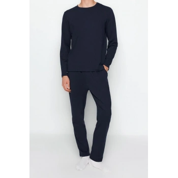 Erkek Polyester Bisiklet Yaka Uzun Kol Regular Fit Örme Pijama Takımı