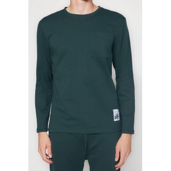 Erkek Polyester Bisiklet Yaka Uzun Kol Regular Fit Etiket Detaylı Örme Pijama Takımı