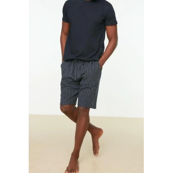 Erkek Polyester Karışımlı Bisiklet Yaka Kısa Kol Regular Fit Alt Çizgili Şortlu Pijama Takımı