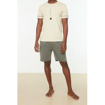 Erkek %100 Pamuk Bisiklet Yaka Kısa Kol Regular Fit Baskılı Şortlu Pijama Takımı