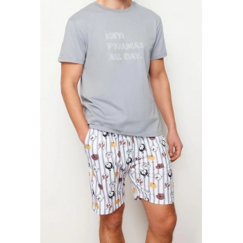 Erkek %100 Pamuk Bisiklet Yaka Kısa Kol Regular Fit Baskılı Örme Şortlu Pijama Takımı