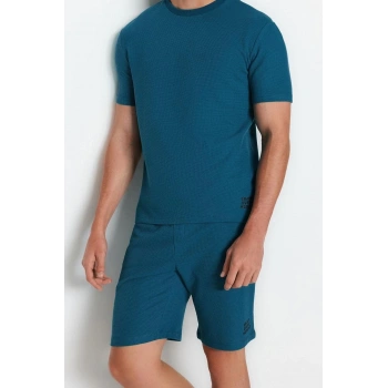 Erkek Pamuklu Bisiklet Yaka Kısa Kol Regular Fit Dokulu Örme Şortlu Pijama Takımı