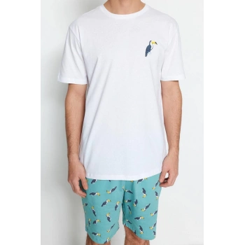 Erkek Pamuklu Bisiklet Yaka Kısa Kol Yeşil Regular Fit Örme Şortlu Pijama Takımı