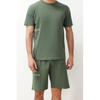 Erkek %100 Pamuk Bisiklet Yaka Kısa Kol Reguar Fit Baskılı Örme Şortlu Pijama Takımı