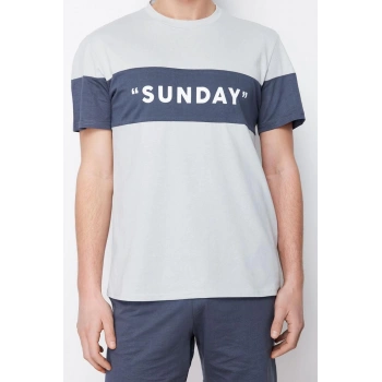 Erkek %100 Pamuk Bisiklet Yaka Kısa Kol Regular Fit Slogan Baskılı Örme Şortlu Pijama Takımı