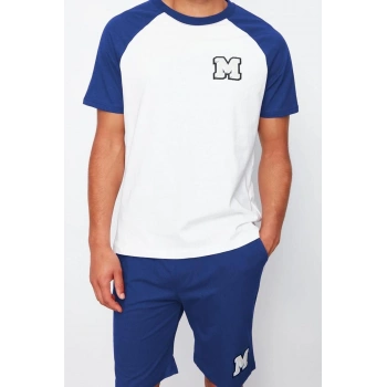 Erkek %100 Pamuk Bisiklet Yaka Kısa Kol İndigo Ekru Nakışlı Reglan Kol Örme Şortlu Pijama Takımı