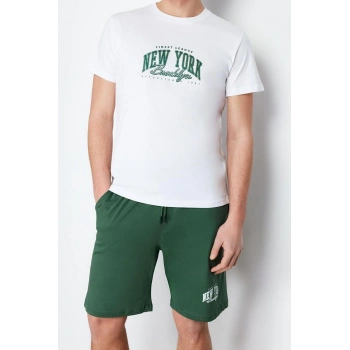 Erkek %100 Pamuk Bisiklet Yaka Kısa Kol Ekru- Baskılı Regular Fit Örme Şortlu Pijama Takımı