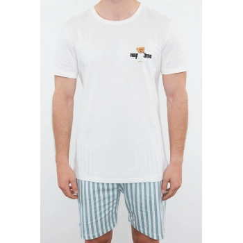 Erkek %100 Pamuk Bisiklet Yaka Kısa Kol Ekru Çizgili Regular Fit Couple Örme Şortlu Pijama Takımı